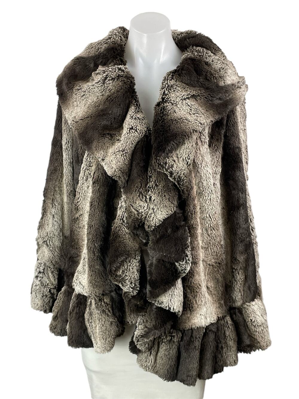 Jackets Galore By John Farah Black Striped Faux Fur Shawl Ruffle Jacket Size L